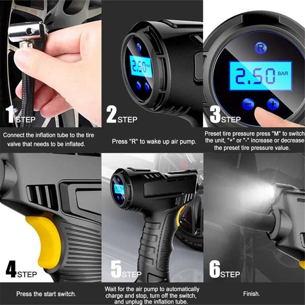 120W Wireless Digital Tire Inflator Portable Air Compressor Inflatable Pump 12V Air Pump Rechargeable For Car Motorcycle Tire