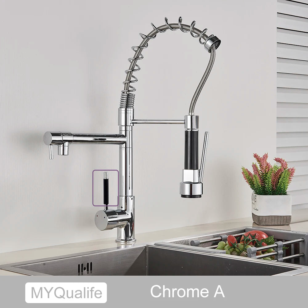 Black Pull Down Brass Kitchen Sink Faucet Hot Cold Water Mixer Crane Tap with Dual Spout 360 Rotation High Faucet Deck Mounted