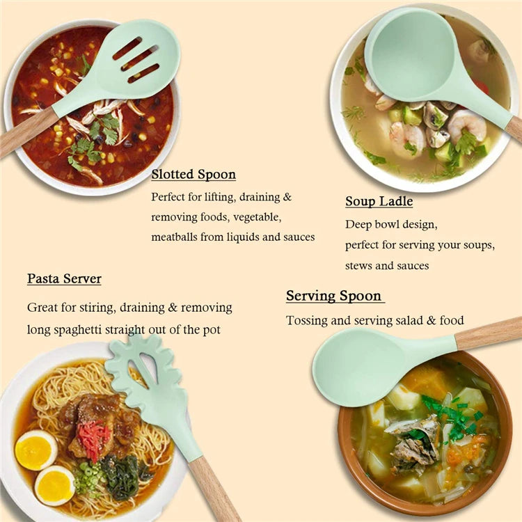 LMETJMA Silicone Cooking Utensils Set - 446°F Heat Resistant Kitchen Utensils Set Turner Tongs Spatula Spoon Brush Whisk JT888