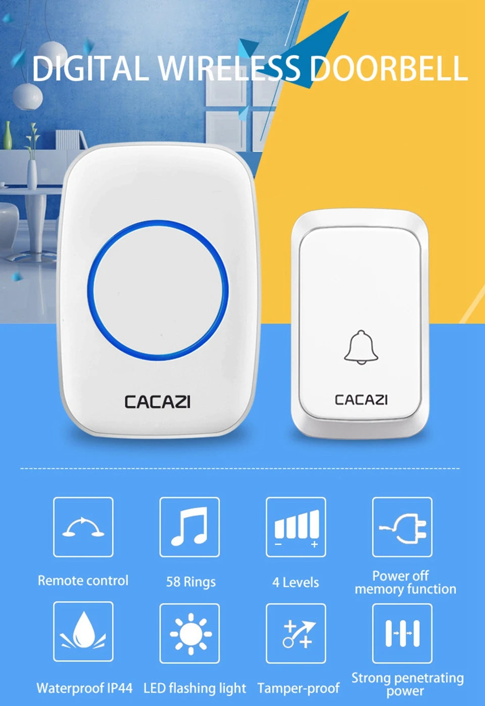 CACAZ Smart Home Waterproof Wireless Doorbell For Outdoor 4 Levels Volume 80DB 60 Chimes Home Calling Bell US EU UK AU Plug