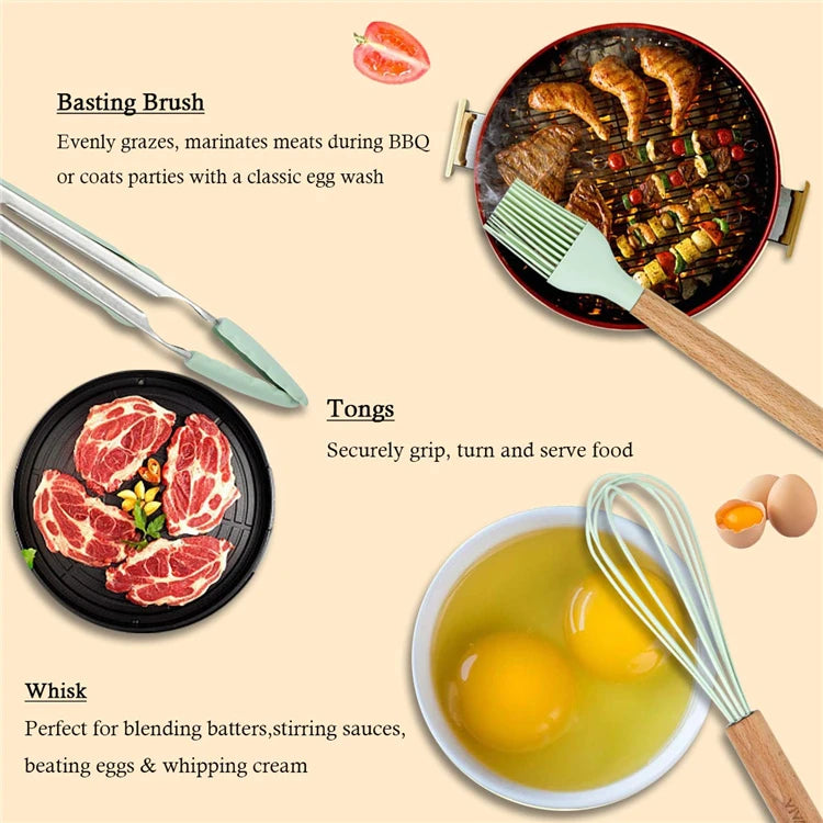 LMETJMA Silicone Cooking Utensils Set - 446°F Heat Resistant Kitchen Utensils Set Turner Tongs Spatula Spoon Brush Whisk JT888
