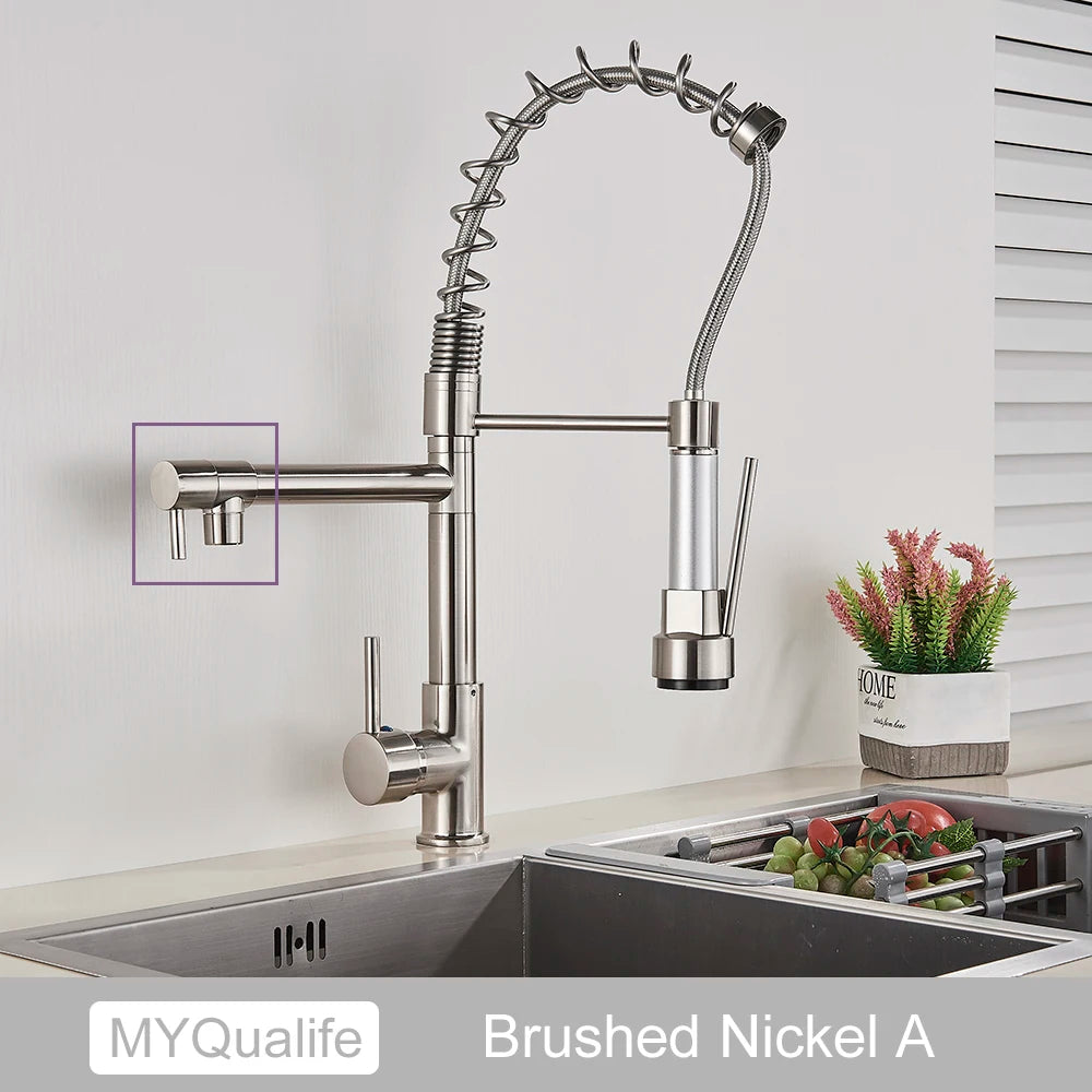 Black Pull Down Brass Kitchen Sink Faucet Hot Cold Water Mixer Crane Tap with Dual Spout 360 Rotation High Faucet Deck Mounted