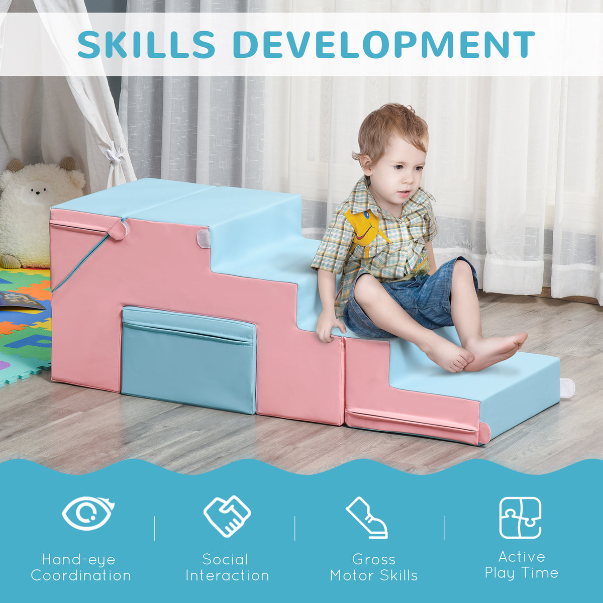 HOMCOM 2-piece Soft Play Set, Baby Foam Climber Block for Toddler 1-3 Years, Pink Blue