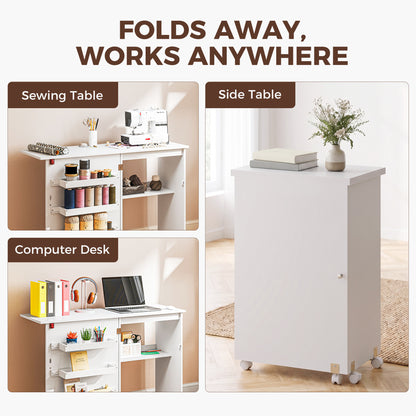 HOMCOM Folding Sewing Table, Drop Leaf Craft Table with Storage Bins, Open Shelf and Wheels, Rolling Sewing Machine Cabinet Computer Desk for Small Space, White