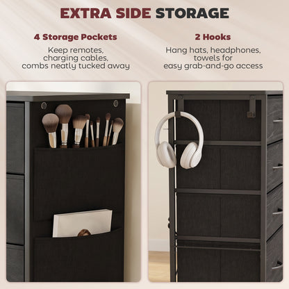 HOMCOM Chest of Drawers, Dresser with 5 Fabric Drawers, Tall Storage Unit with 4 Pockets and 2 Hooks, Steel Frame, Black