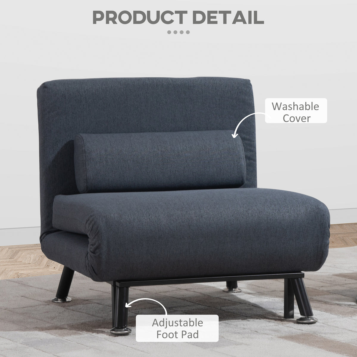 HOMCOM Single Sofa Chair Bed, Linen Fabric 3-in-1 Convertible Sleeper Chair with 5-Position Adjustable Backrest, 75cm Wide Seat, Pillow for Living Room, Bedroom, Black