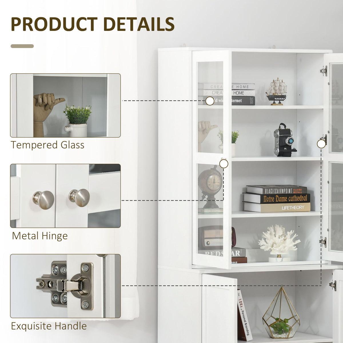 HOMCOM Modern Bookcase with Glass Doors, Display Storage Cabinet with Adjustable Shelves for Living Room, Study, Home Office, Kitchen Cupboard with Small Open Counter, White