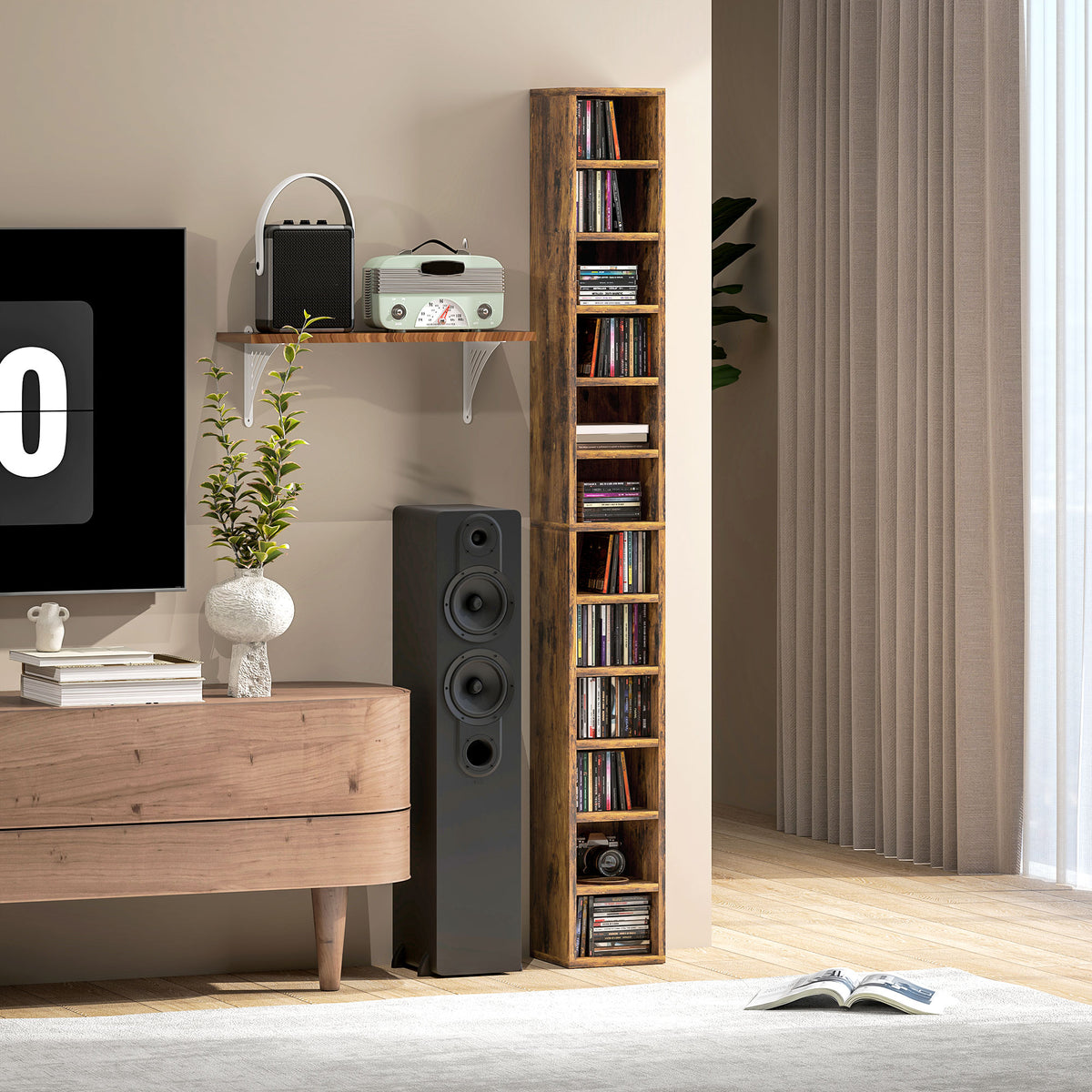 HOMCOM 204 CD Tall Narrow Media Storage Tower - Rustic Brown