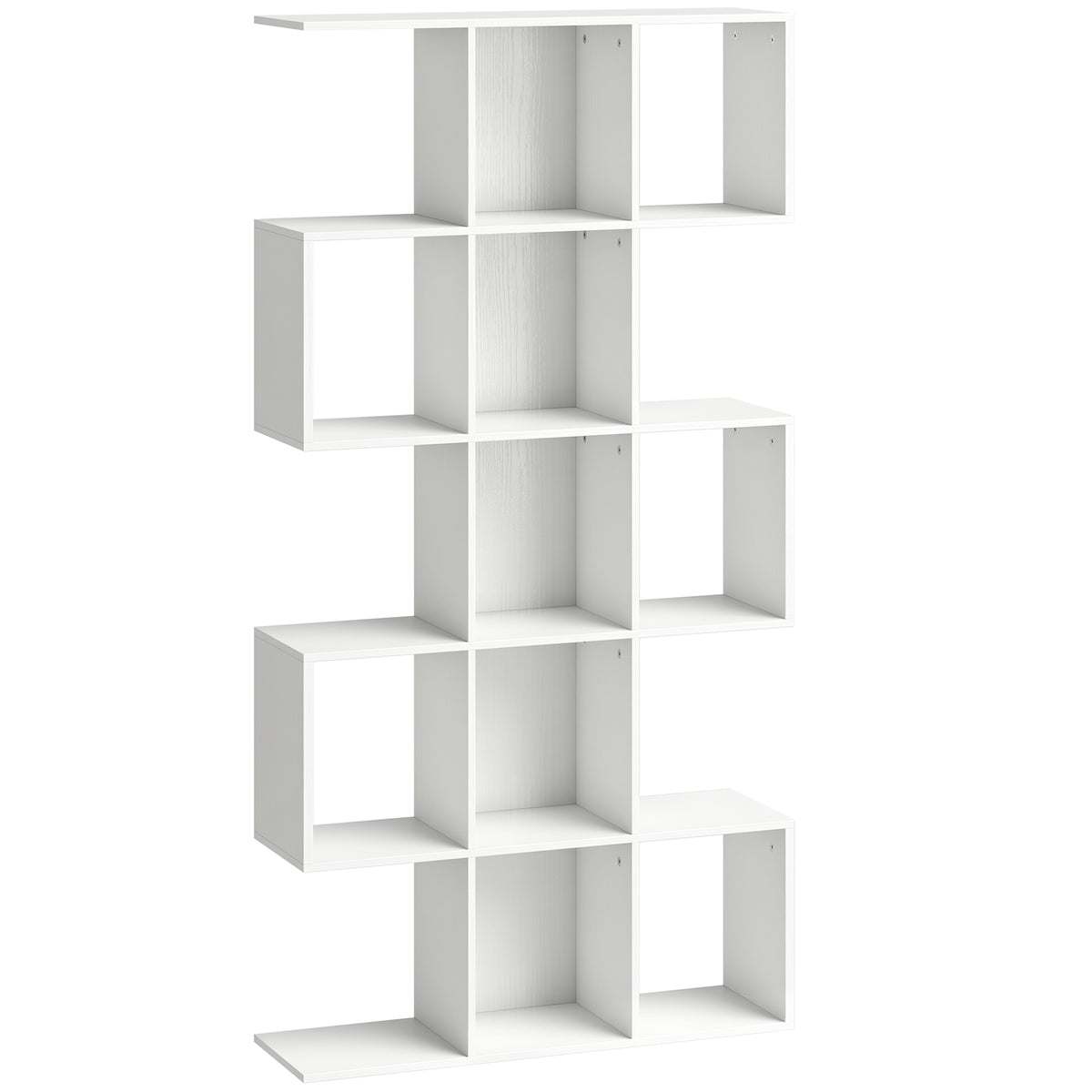 HOMCOM 5-Tier Bookshelf, S Shaped Geometric Bookcase with 15 Compartments, White Wood Effect