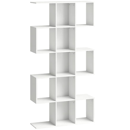 HOMCOM 5-Tier Bookshelf, S Shaped Geometric Bookcase with 15 Compartments, White Wood Effect