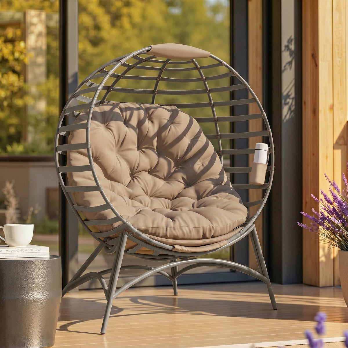 Outsunny Egg Chair with Cushion & Side Pocket - Sand