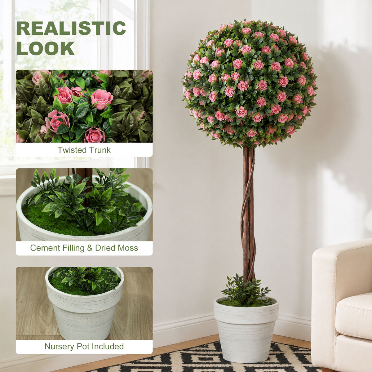 HOMCOM Set of 2 Decorative Artificial Plants, Ball Topiary Tree with Rose Flower in Pot, Fake Plants for Home Indoor Outdoor Decor, 60cm, Pink