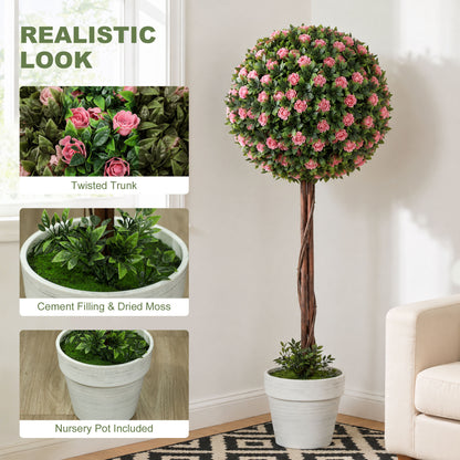 HOMCOM Set of 2 Decorative Artificial Plants, Ball Topiary Tree with Rose Flower in Pot, Fake Plants for Home Indoor Outdoor Decor, 60cm, Pink