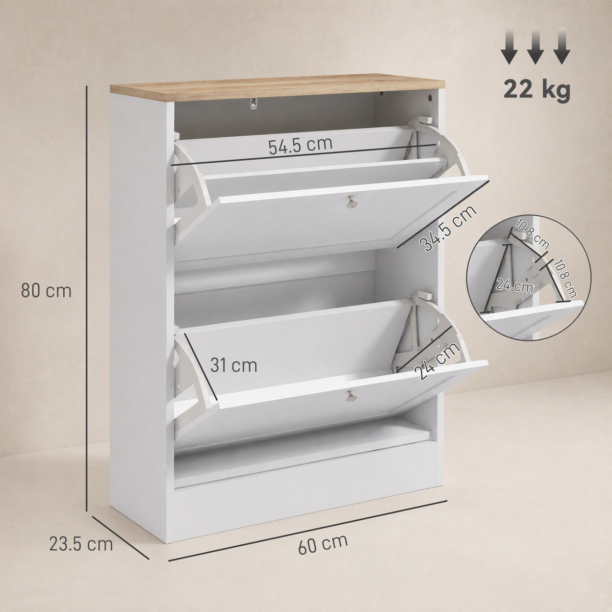 HOMCOM Two Flip Drawer Shoe Cabinet - White
