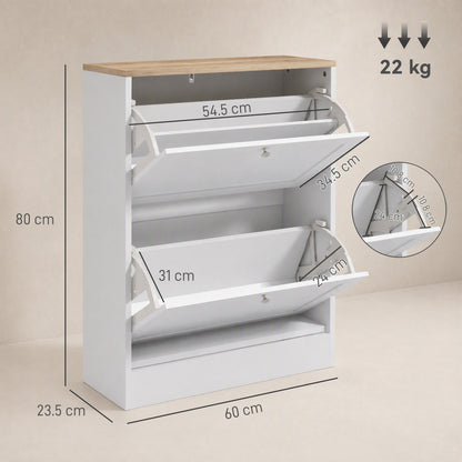 HOMCOM Two Flip Drawer Shoe Cabinet - White