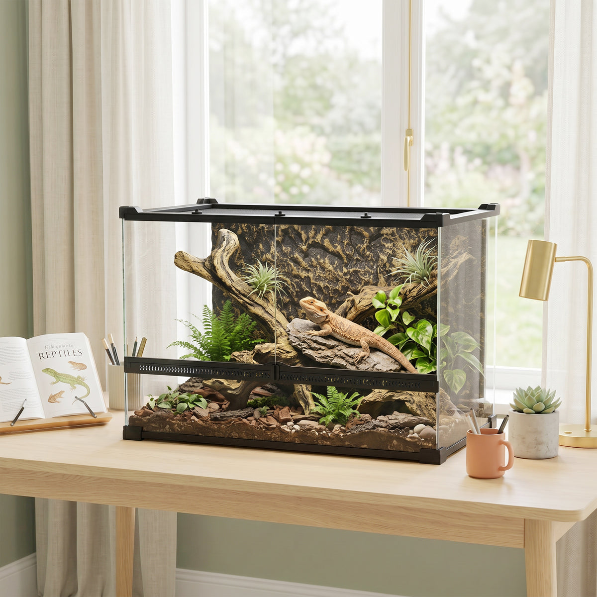 PawHut Reptile Glass Terrarium with Stone Background, Front Ventilation, Escape-Proof Knob Lock, 50 x 30 x 35 cm, Black