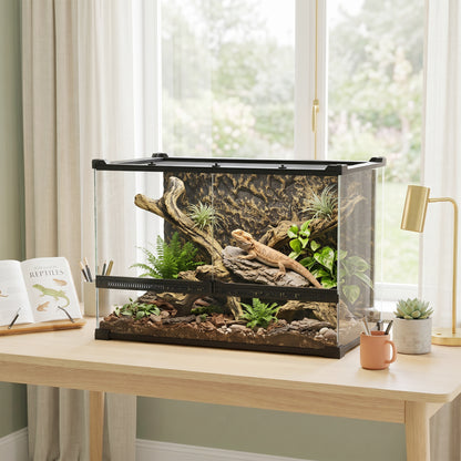 PawHut Reptile Glass Terrarium with Stone Background, Front Ventilation, Escape-Proof Knob Lock, 50 x 30 x 35 cm, Black