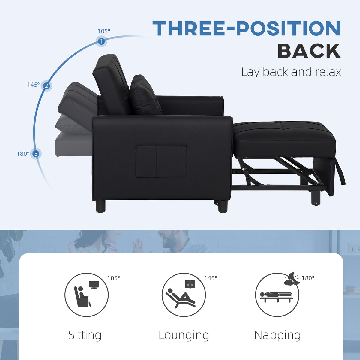HOMCOM 3-In-1 Linen-Look Single Chair Bed with 11cm Thick Adjustable Back & Eucalyptus Wood Sofa Frame - Black