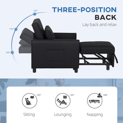 HOMCOM 3-In-1 Linen-Look Single Chair Bed with 11cm Thick Adjustable Back & Eucalyptus Wood Sofa Frame - Black