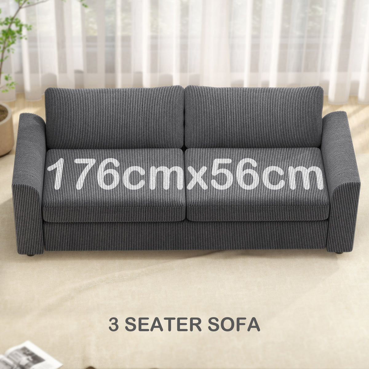 HOMCOM 3 Seater Sofa, 212cm Corduroy Couch with Spring Cushion, Wide and Deep Seat, Plush Backrest, 2 Pillows, Sofa Settee for Living Room, Home Office, Grey