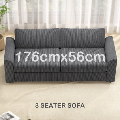 HOMCOM 3 Seater Sofa, 212cm Corduroy Couch with Spring Cushion, Wide and Deep Seat, Plush Backrest, 2 Pillows, Sofa Settee for Living Room, Home Office, Grey