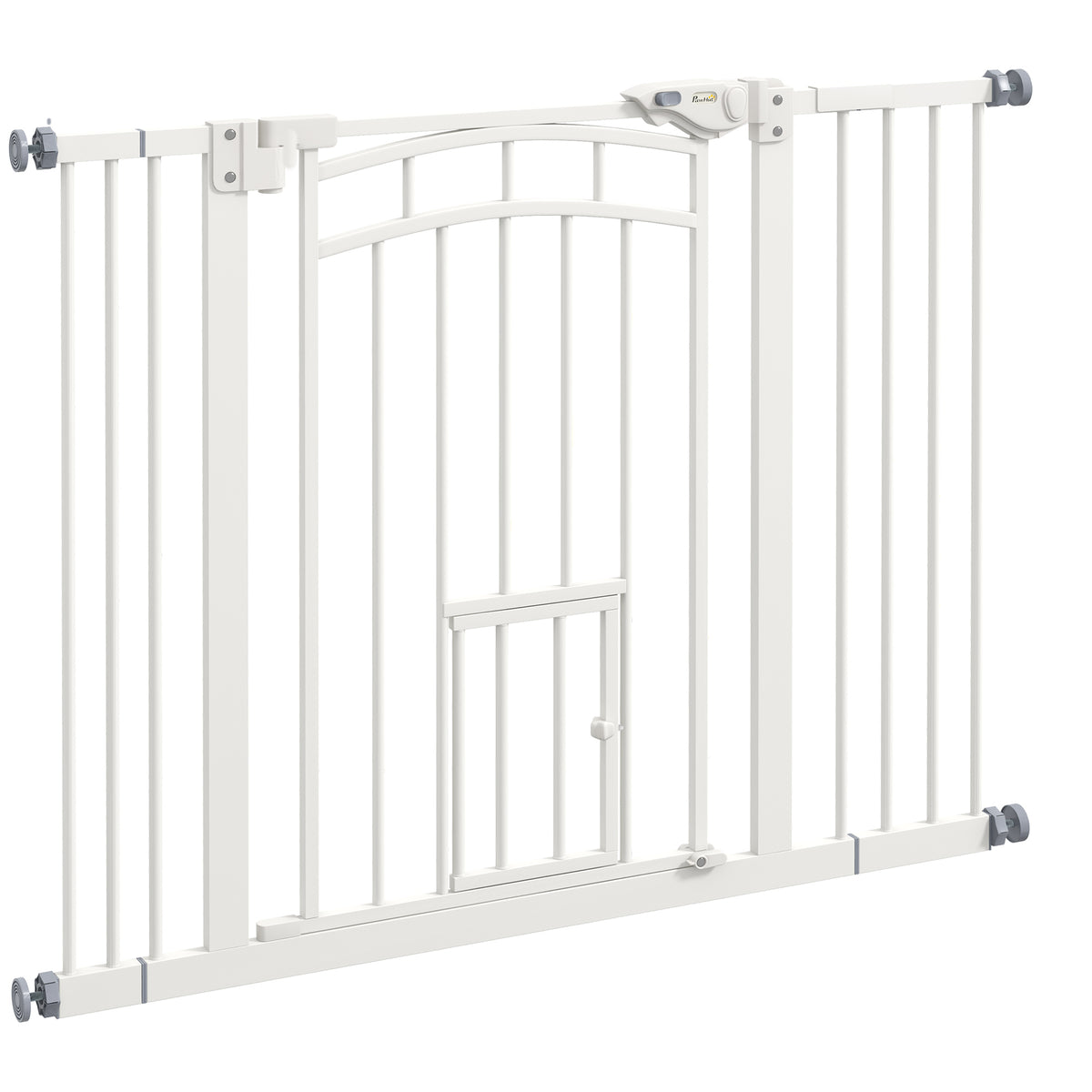 PawHut Pressure Fit Stair Dog Gate w/ Small Cat Door, Automatic Closing Door, Double Locking, for 74-100cm Openings - White