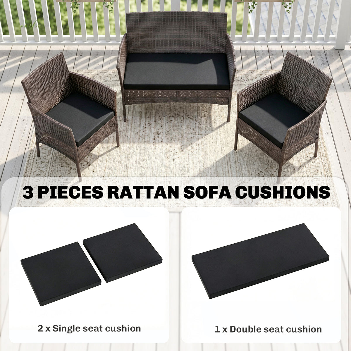 Outsunny Outdoor Seat Cushion Pads for Rattan Furniture, 3 PCs Garden Furniture Cushions, Black