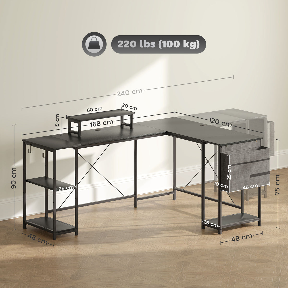 HOMCOM 168cm Reversible L Shaped Desk, Industrial Corner Computer Desk with Adjustable Shelf and Storage Bag, 240cm 2 Person PC Table with Monitor Stand, Black