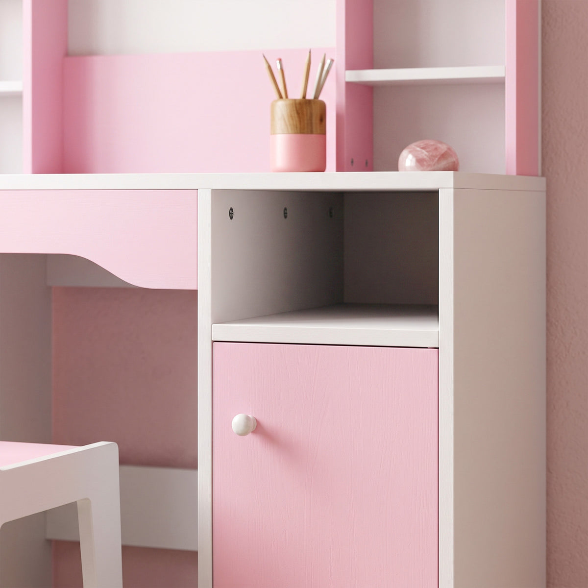 AIYAPLAY Kids Vanity Set, Kids Dressing Table with Stool, 2-Colour Lights Mirror, Cabinet, Drawer and Shelves, Pink