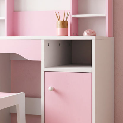 AIYAPLAY Kids Vanity Set, Kids Dressing Table with Stool, 2-Colour Lights Mirror, Cabinet, Drawer and Shelves, Pink