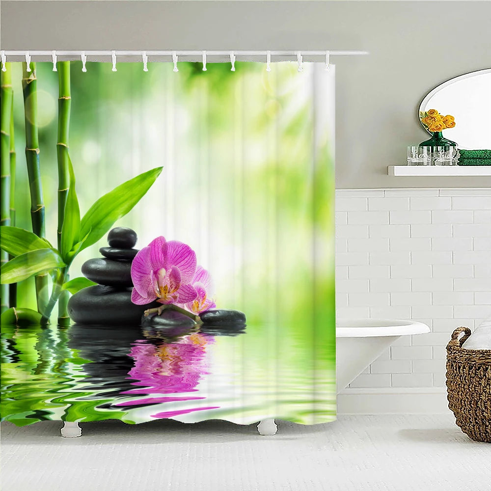 Green Plant Bamboo Shower Curtain Bathroom Bath Curtain Waterproof polyester 3D Printed Trees 180*200cm Bath Screen With Hooks