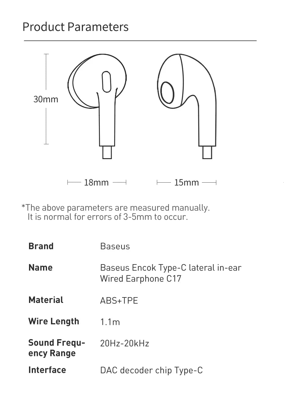 Baseus C17 Type-C Earphones In Ear Hearphone Wired Headset With Mic For Smart Phone For Xiaomi Samsung S21 S20 Cellphone Headset