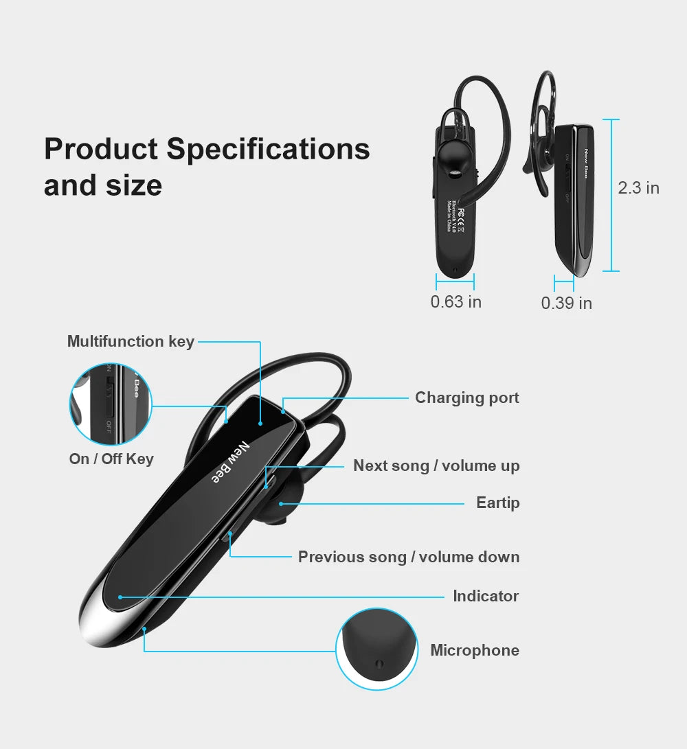 New Bee Bluetooth Headset Wireless Earphones Headphones with Mic 24Hrs Earbuds Single Earpiece Mini Handsfree for Driver Office