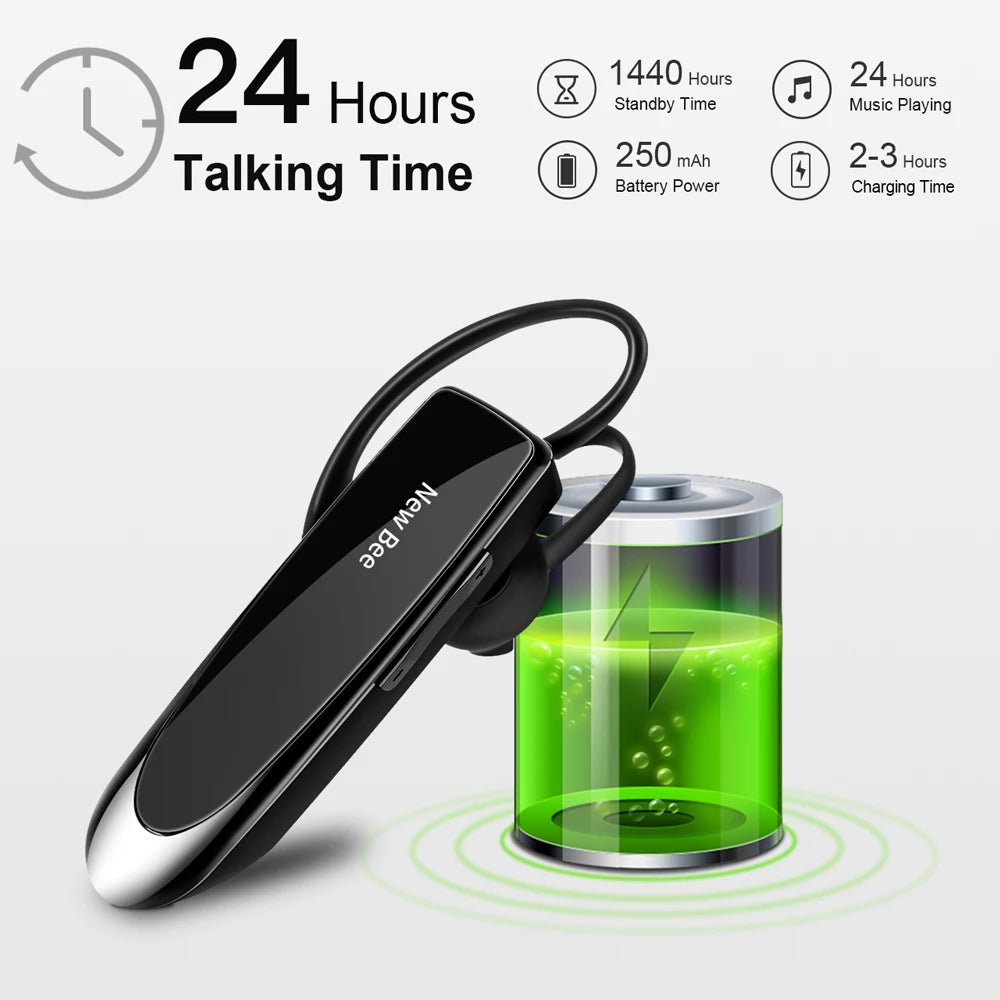 New Bee Bluetooth Headset Wireless Earphones Headphones with Mic 24Hrs Earbuds Single Earpiece Mini Handsfree for Driver Office