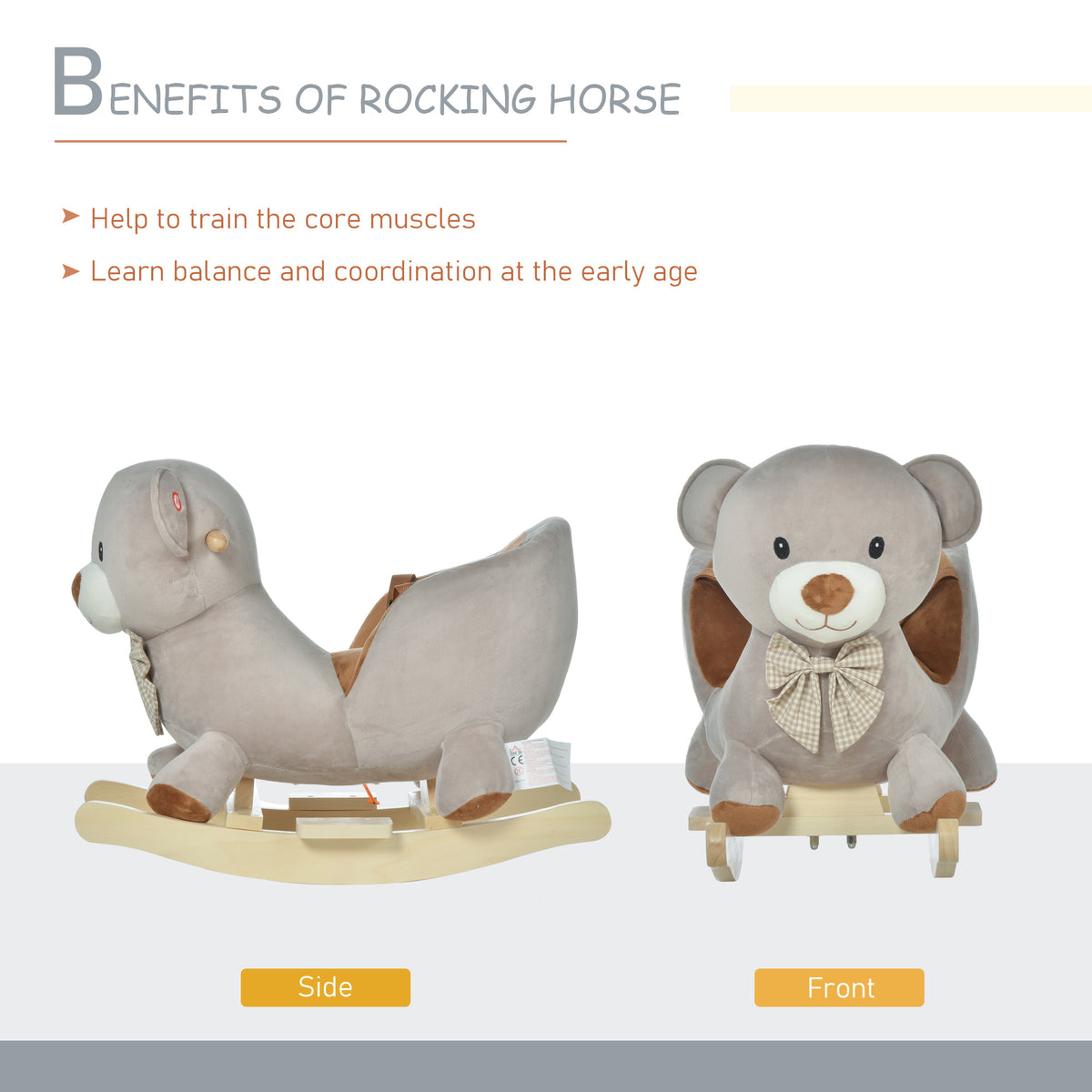 HOMCOM Kids Children Rocking Horse Plush Ride On Bear Seat w/ Sound Wood Base Seat Seat Belt Toddler Baby Toy for 18-36 Months Grey