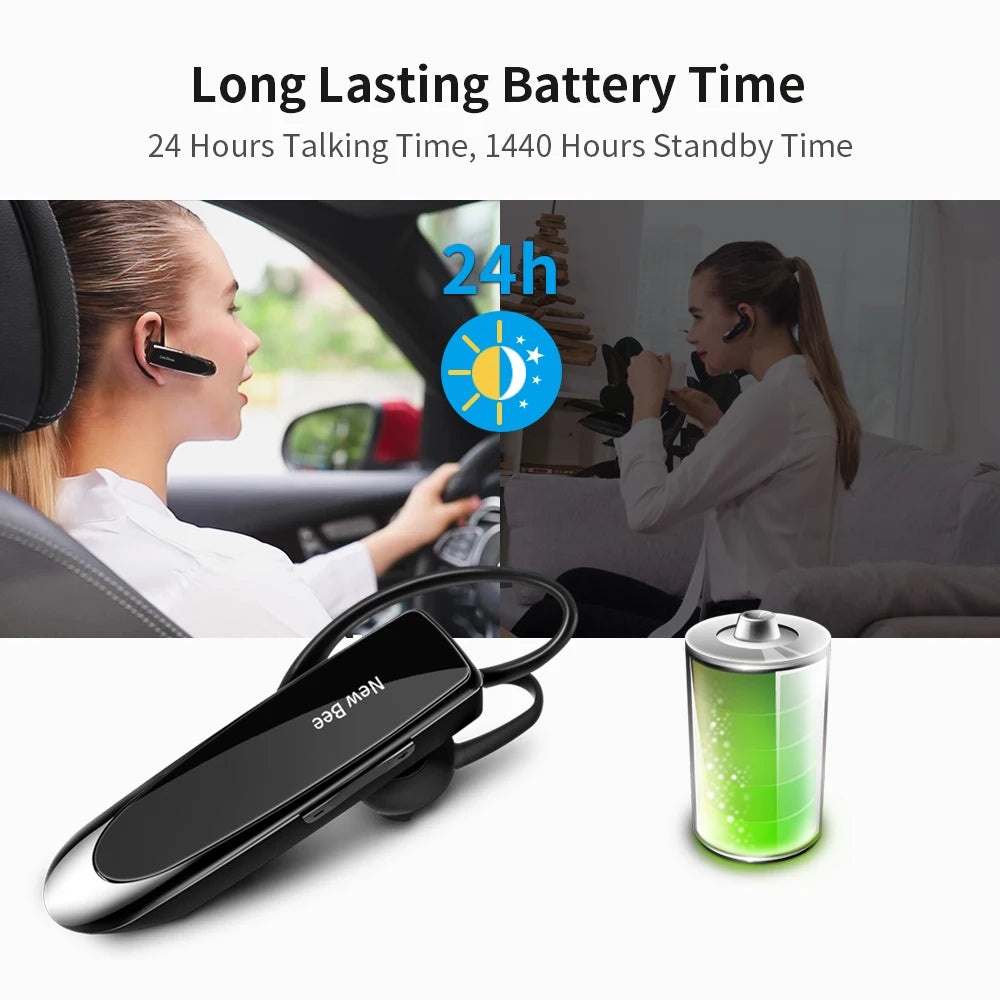 New Bee Bluetooth Headset Wireless Earphones Headphones with Mic 24Hrs Earbuds Single Earpiece Mini Handsfree for Driver Office