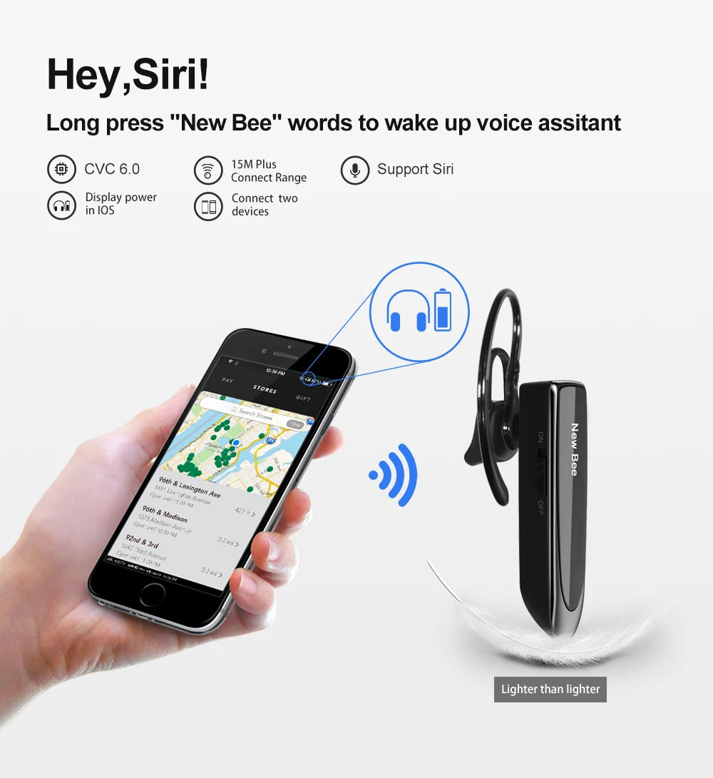 New Bee Bluetooth Headset Wireless Earphones Headphones with Mic 24Hrs Earbuds Single Earpiece Mini Handsfree for Driver Office