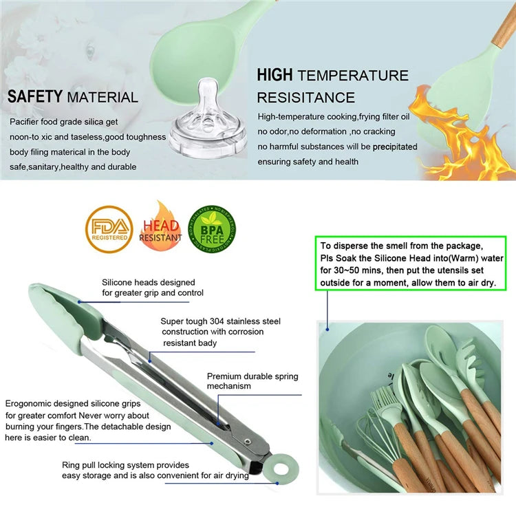 LMETJMA Silicone Cooking Utensils Set - 446°F Heat Resistant Kitchen Utensils Set Turner Tongs Spatula Spoon Brush Whisk JT888