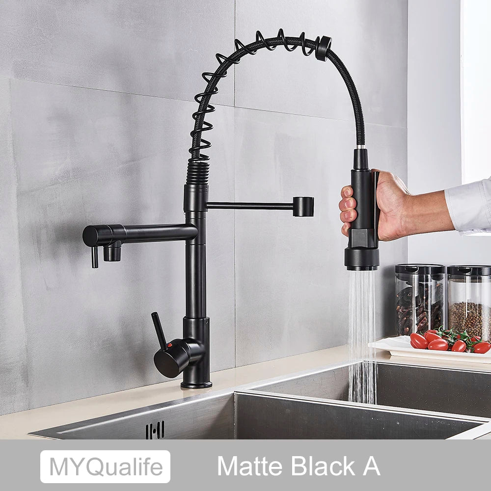 Black Pull Down Brass Kitchen Sink Faucet Hot Cold Water Mixer Crane Tap with Dual Spout 360 Rotation High Faucet Deck Mounted