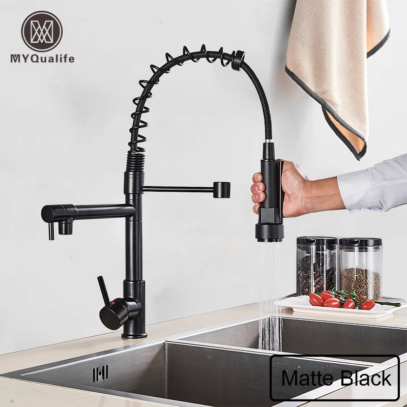 Black Pull Down Brass Kitchen Sink Faucet Hot Cold Water Mixer Crane Tap with Dual Spout 360 Rotation High Faucet Deck Mounted