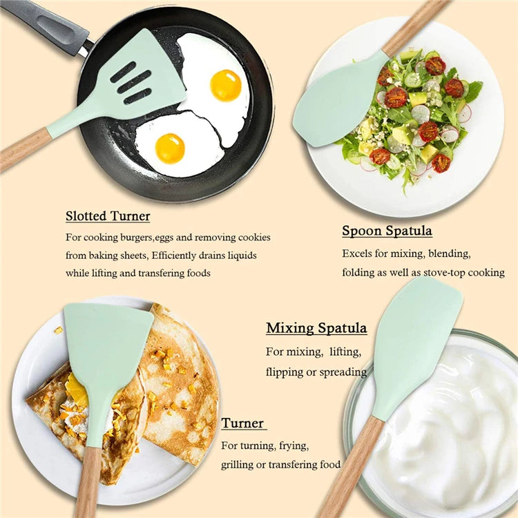 LMETJMA Silicone Cooking Utensils Set - 446°F Heat Resistant Kitchen Utensils Set Turner Tongs Spatula Spoon Brush Whisk JT888