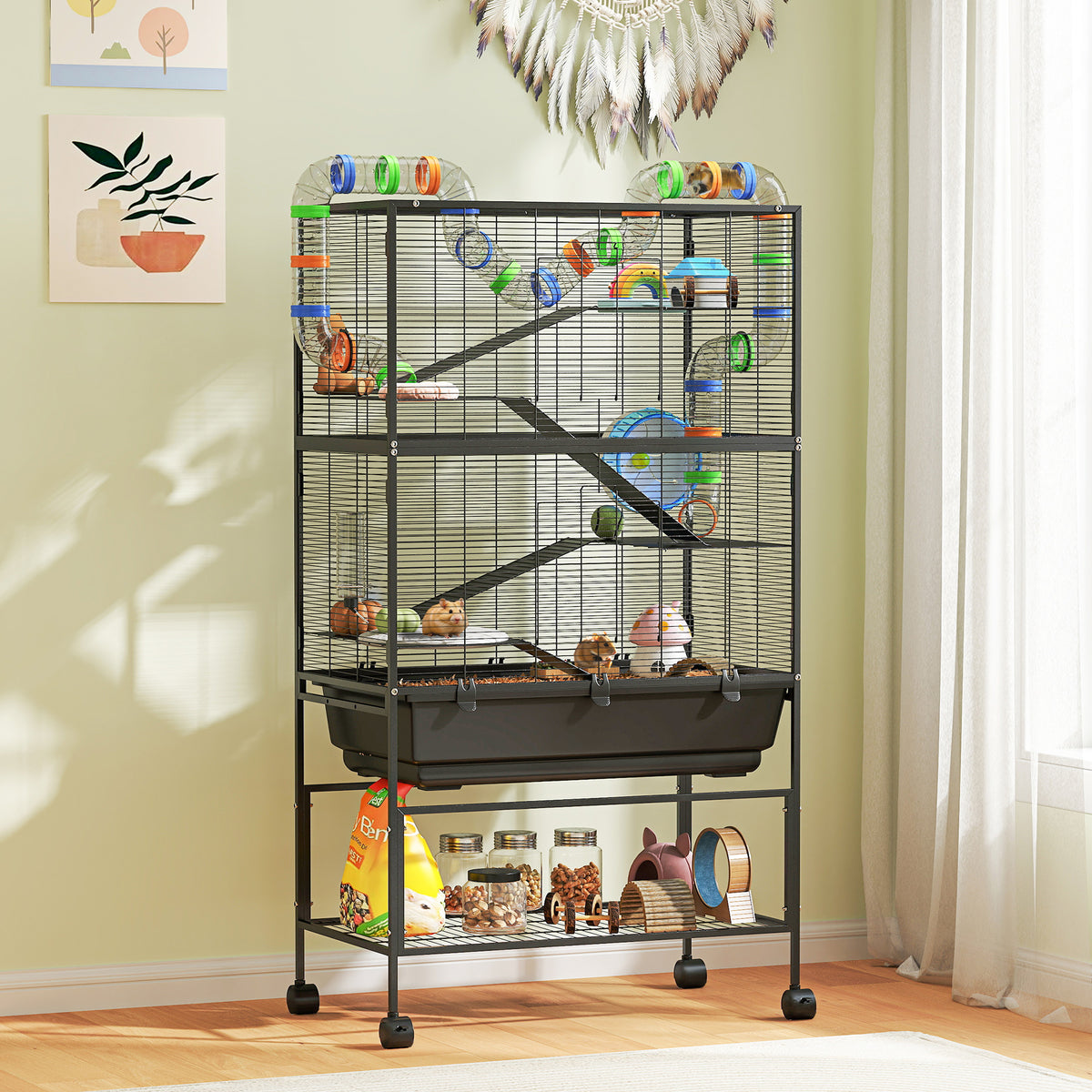 PawHut 5 Tier Large Hamster Cage on Wheels with 17 cm Deep Tray, Storage Shelf for Syrian, Gerbil, Rats