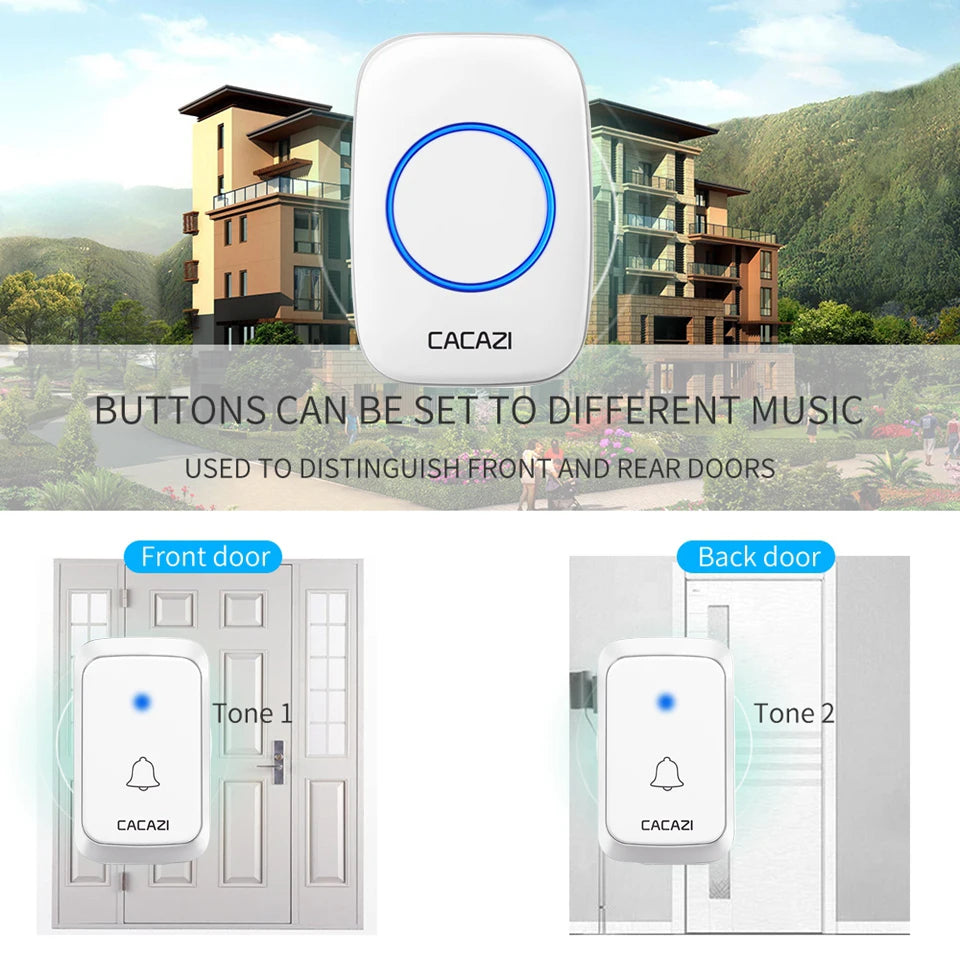 CACAZ Smart Home Waterproof Wireless Doorbell For Outdoor 4 Levels Volume 80DB 60 Chimes Home Calling Bell US EU UK AU Plug