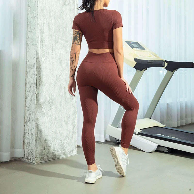 Seamless Women Yoga Set Workout Sportswear Gym Clothing Zipper Long Sleeve High Waist Leggings Fitness Bra Athletic Sports Suits