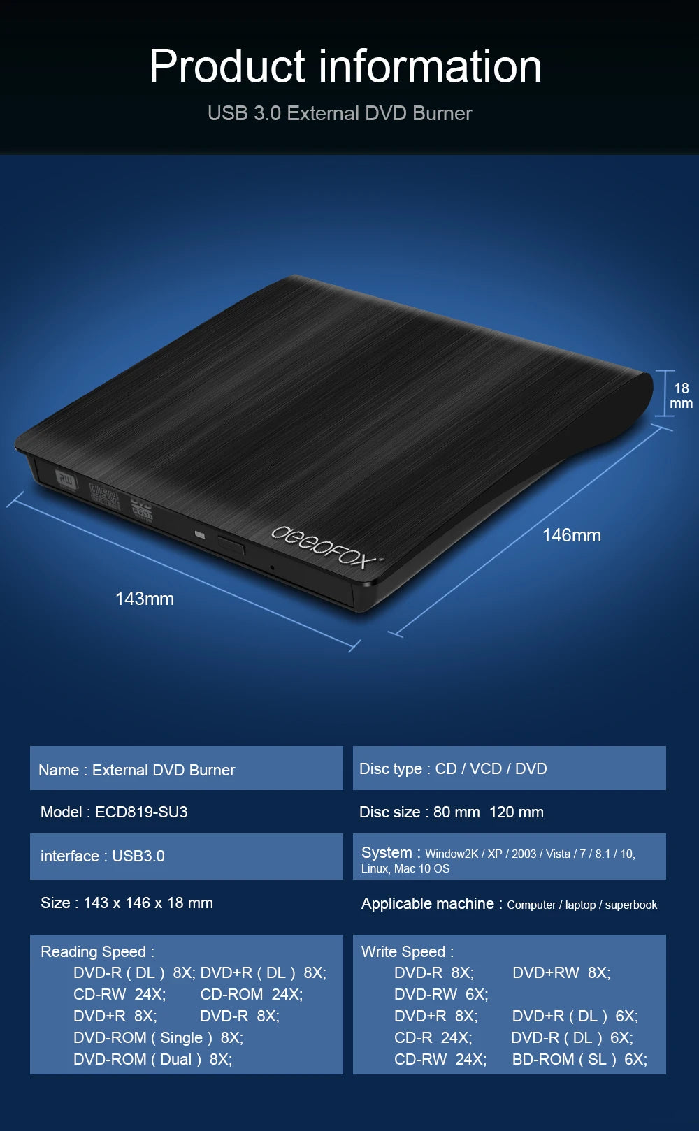 Deepfox USB 3.0 Slim External DVD RW CD Writer Drive Burner Reader Player Optical Drives For Laptop PC Dvd Burner Dvd Portatil