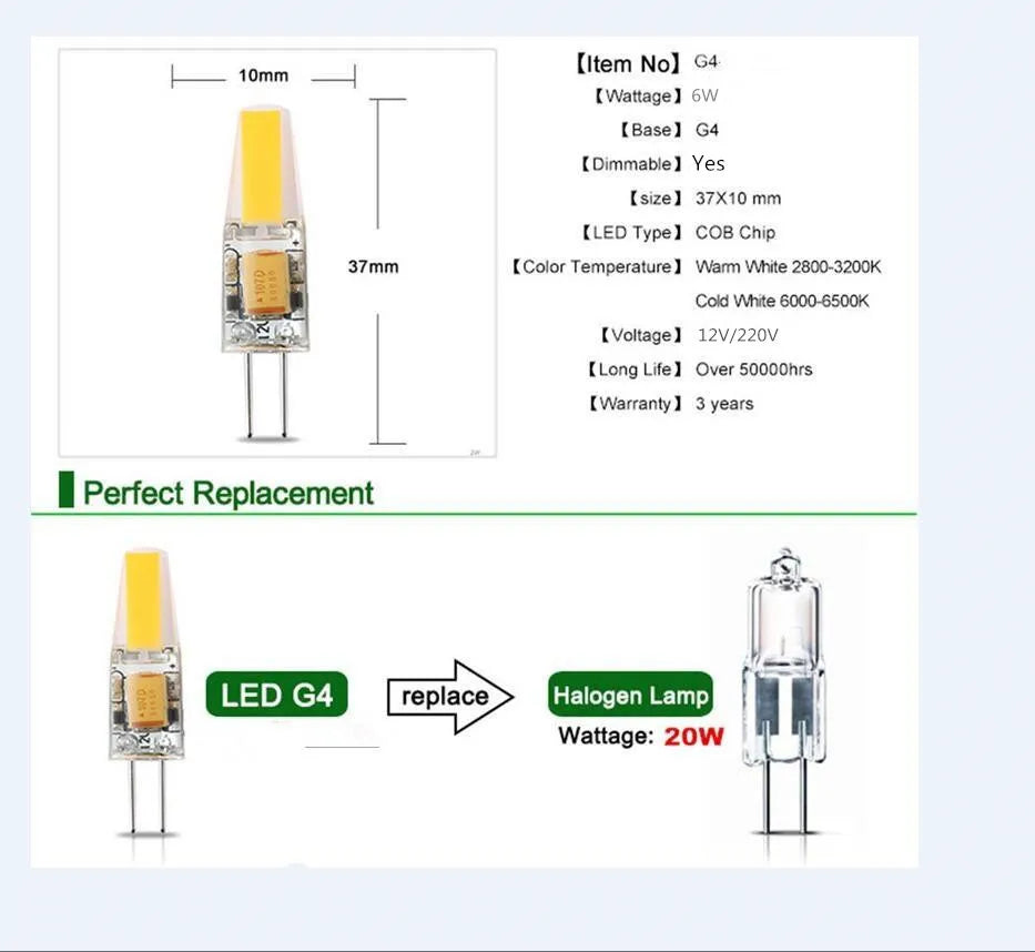 10PCS Dimmable Mini G4 LED COB Lamp  6W Bulb AC DC 12V 220V Candle Lights Replace 30W 40W Halogen for Chandelier Spotlight