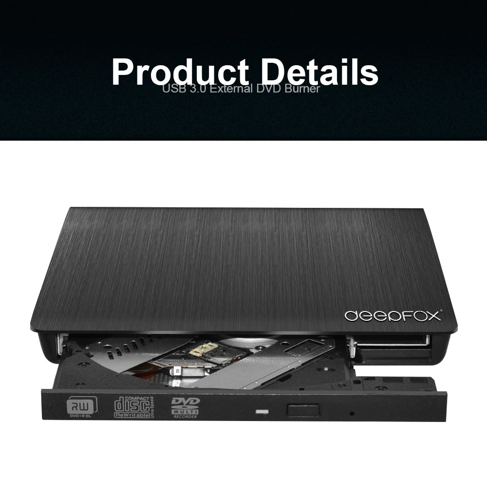 Deepfox USB 3.0 Slim External DVD RW CD Writer Drive Burner Reader Player Optical Drives For Laptop PC Dvd Burner Dvd Portatil