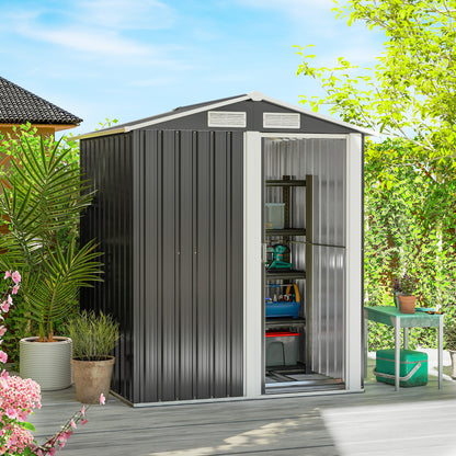Outsunny Garden Metal Tool Storage Shed with Sliding Door, Sloped Roof and Foundation Kit, 152 x 132 x 188cm, Grey