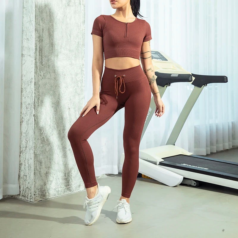 Seamless Women Yoga Set Workout Sportswear Gym Clothing Zipper Long Sleeve High Waist Leggings Fitness Bra Athletic Sports Suits