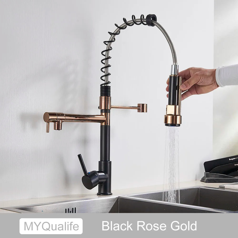 Black Pull Down Brass Kitchen Sink Faucet Hot Cold Water Mixer Crane Tap with Dual Spout 360 Rotation High Faucet Deck Mounted